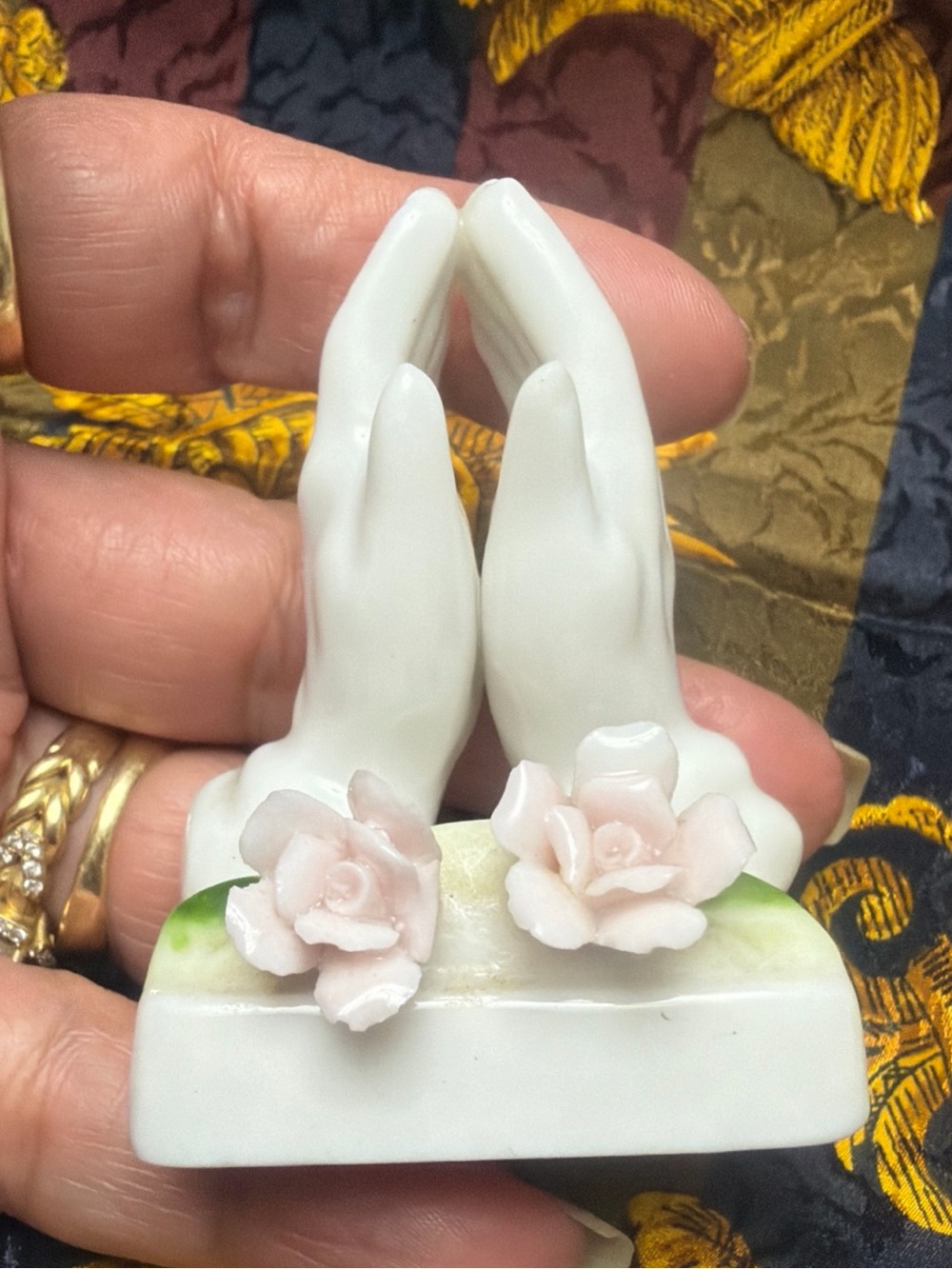 Vintage Praying Hands Bone China Pink Roses Lego 2x2.5 inch